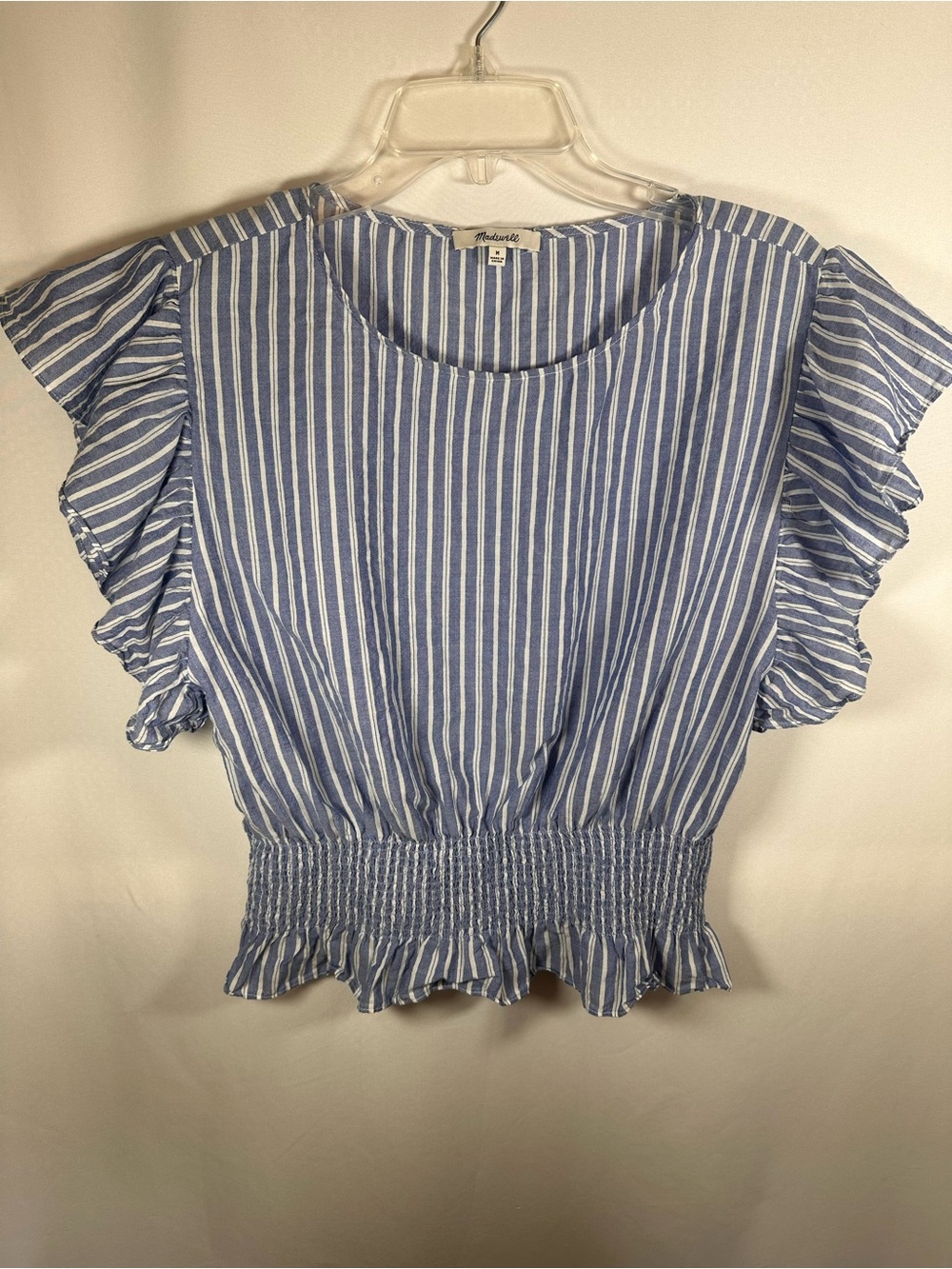 Madewell Blue White Striped Smocked Ruffle Top M Preppy Cottagecore